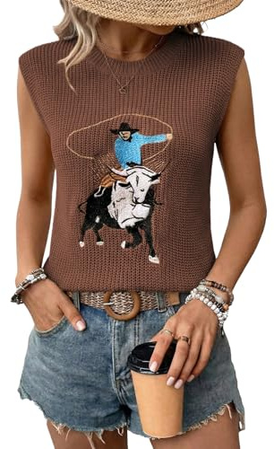 SHEWIN Sleeveless Tops for Women Trendy 2026 Sweater Vest Lightweight Knit Crew Neck Womens Blouses Dressy Casual Tank Top Spring Clothes Brown M