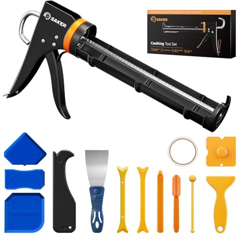 Saker Caulk Gun Kit, Manual Caulking Gun with 11-in-1 Caulking Tool Set, Silicone Sealant Finishing Tools, Grout Scrapers & Shapers with Masking Tape for Bathroom, Kitchen, Window & Home Repair