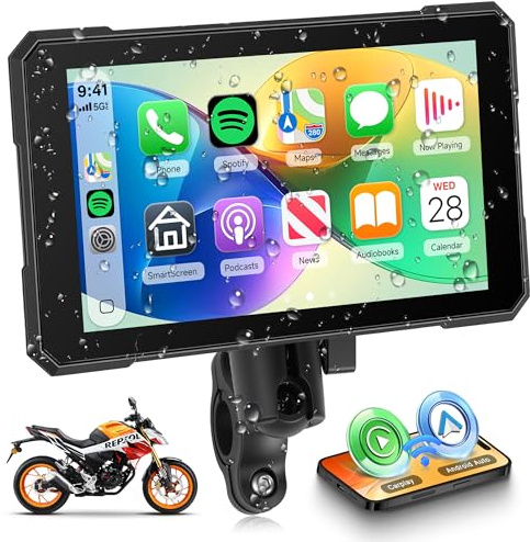 Rimoody 5 Zoll Carplay Bildschirm für Motorrad, Kabellos Carplay & Android Auto Display für Motorräder, Wireless CarPlay Autoradio für Krafträder IP68 Wasserdichter Bluetooth Helme & Kopfhörer