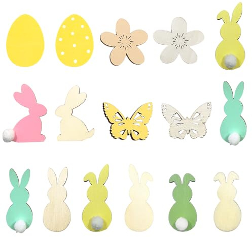 Whimzey Groß Osterdeko Holz Streudeko Ostern Konfetti 2-3,7 cm,60 Stück Streudeko Holz Ostern, Oster Tischdeko mit Hasen Eier Blumen Schmetterling, Bunt Holzhasen Ostereier Frühling Oster Deko Basteln