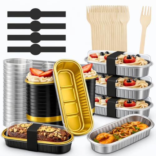120pcs Mini Loaf Pans with Lids and Spoons, 200ml Rectangular Aluminum Foil Baking Pans Mini Cake Tins Containers with Sealing Sticker for Bread Cake Wedding Birthday Picnic Party (Black/Gold, Silver)