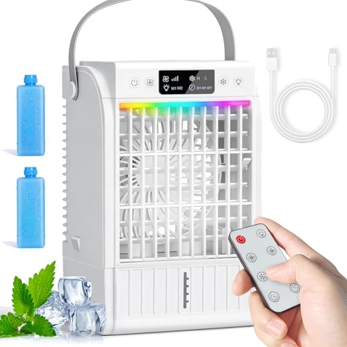 JONRRYIN Condizionatore Portatile Piccolo, Mini Climatizzatore 4 in 1 con 1500ML Serbatoio dell'acqua e 2 Modalità Nebbia Fredda, 4 Velocità, Timer, Luce Notturna a 7 colori, USB per Casa/Ufficio