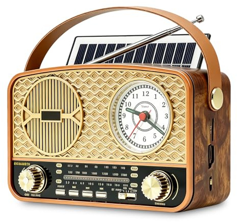 Radio retro solar AM/FM/SW, radio retro con Bluetooth, radio vintage con cable de alimentación, baterías recargables, con función de reloj, con función USB/TF/AUX, para oficina, cocina, senderismo