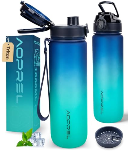 AOPREL Trinkflasche 1L Mit Filter & Zeitmarkierung, BPA-frei Tritan | Upgrade-Dichtung Auslaufsicher Wasserflasche, mit Bürste, Abnehmbares Band, Sportflasche für Fitness, Schule, Outdoor