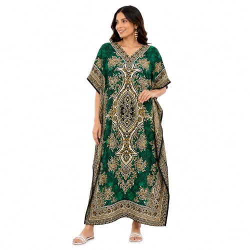 Art Of Creation Women's Kaftan Dress Maxi Long Dress Night Gown Caftans Dresses 3/4 Sleeve Top Nightdress Plus Size Kaftans House Dresses Green
