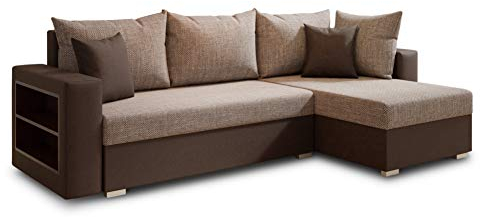 Ecksofa Lord mit Regal und Schlaffunktion - Sofa mit Bettkasten, Schlafsofa, Polsterecke, Couch L-Form, Couchgarnitur, Sofagarnitur (Braun + Beige (Dolaro 33 + Berlin 03), Ecksofa Rechts)