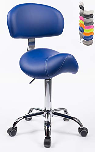 1stuff Sattelhocker MULY BIGBACK Lehne, Sitzhöhe bis ca. 74cm, Blau | 1stuff-Markenqualität, Sattelstuhl mit Rückenlehne, Arzthocker Praxishocker Drehhocker 360°, Fachhändler aus DE