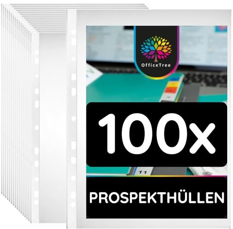 OfficeTree Prospekthüllen A4 100 Stück mit Register 1-12 für Ordner | Register in sechs Farben, Universallochung, glasklare Hüllen