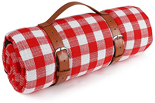 Ben & Bel - Coperta impermeabile e antisabbia, per picnic in famiglia, pieghevole e portatile, con manico in pelle PU, per viaggi all'aperto, campeggio, colore: rosso e bianco, 150 x 200 cm XL