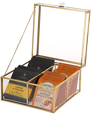 ELLDOO Scatola per bustine di tè in vetro dorato con coperchio, portagioie da banco, per confezioni di zucchero, spugne, gioielli, 4 griglie, solo scatola di vetro
