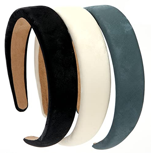 3 STÜCKE Leder Hartes Stirnband Breites PU Gepolstertes Stirnband Retro Style Haarband Mode Bequeme Stirnbänder für Frauen und Mädchen (Schwarz + Weiß + Grau Grün)