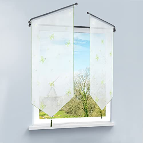 HongYa Rideau Brise Bise Rideaux Cuisine Transparent Papillons Passe Tringle sans Percage Décor de Chambre Intérieur Vert H/L 120/60cm 1 Pièce