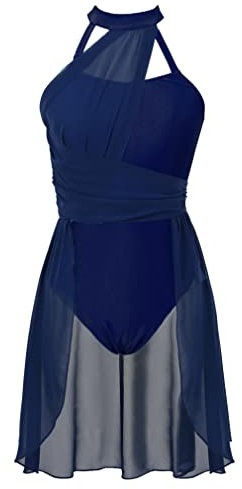 JEATHA Eiskunstlauf-Kleid Damen Chiffon Tanzkleid Ballettkleid Neckholder Trikotkleid mit Tutu Rock Ballett Trikot Skater Kleider Lyrisches Tanzkostüm Dunkelblau M