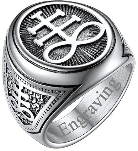 FaithHeart Bague Satanique Croix Nom Personnalisé Acier Inoxydable 64 Chevalière Sceau de Leviathan Gothique Bijoux pour Homme Garçon