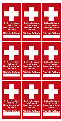 9 x Erste Hilfe Sicherheitsetiketten „Bei Beschädigung Inhalt prüfen“ Kontroll Prüfsiegel Folie selbstklebend | Variante wählbar Made in Germany, Größe: 3x6cm | rot