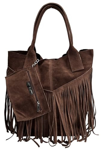 Modarno Bolso de mano para mujer de ante auténtico con flecos y estuche para joyas del mismo color - bolso de mano - bolso de hombro, marrón, large