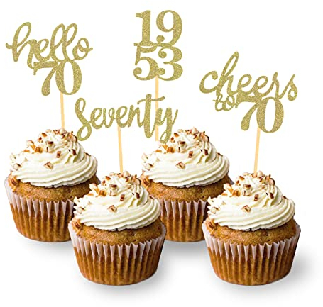 24 Stück Glitzer 70. Geburtstag Cupcake Topper, 70 Geburtstag Deko von 1955 für 70 Geburtstagsfeier Zubehör Party Dekoration Kuchendekoration (Gold)