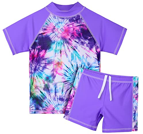 HUAANIUE Filles Enfants Maillot de Bain 2 Pièces Enfants Filles Plage Combinaison de Bain à Manches Courtes 2-12 Ans (S393-Violet Tie Dye, 5-6 Ans)