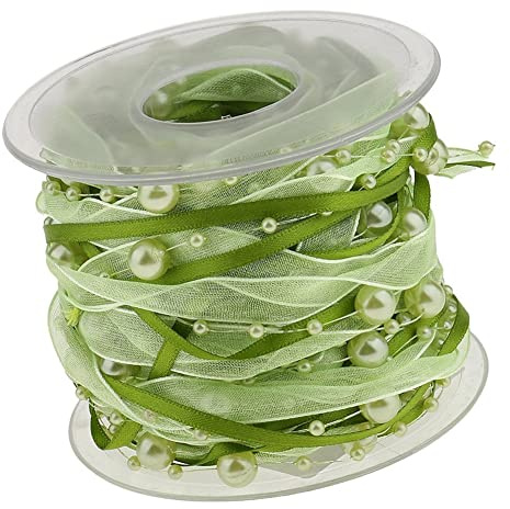 SHTGOI Organza Perlenband Organzaband Spitze Chiffonband Perlenschnur Schleifenband Perlengirlande Zierband Dekokette Geschenkband für Hochzeitsblumen Geburtstagsgeschenk Verpackung Grün