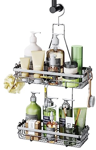 HapiRm Estante de ducha colgante de acero inoxidable de 2 niveles, cesta de baño sin taladro, organizador de ducha para accesorios de baño, 3 adhesivos de tornillo, color plateado