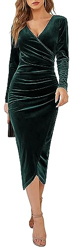CheChury Abito da Donna in Velluto a Maniche Lunghe con Scollo a V Abiti Tubino Elegante e Raffinata Vestito in Velluto per Festa Cerimonia Cocktail Invernale da Cocktail da Festa