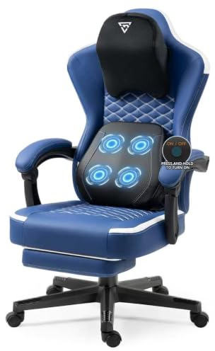 Vigosit Gaming Stuhl mit beheizter Massage Lendenwirbelstütze, Ergonomischer Gaming Computer Stuhl mit Taschenfederkissen und Fußstütze, Recliner High Back PC Stuhl für Erwachsene, blau
