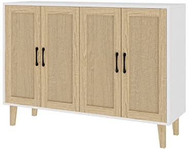 Panana Buffet Storage Cabinet with Rattan Decorating Living Room Wood Kitchen Sideboard Accent Cabinet (White, 123(W) x 38(D) x 88(H))