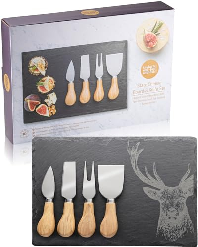 4 Piece Cheese Knife Set & Slate Board - Stylish Cheese Knives Gift Set With Useful Slate Board With Stag Design. Oak Wood Handles & Classic Polished Stainless Steel Blades. 10 Year Guarantee.