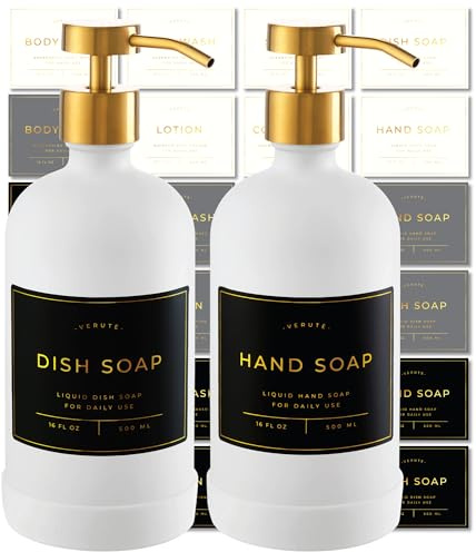 Hand and Dish Soap Dispenser for Kitchen and Bathroom, Set of 2 16 Oz Glass Bottles, Stainless Steel Pumps, Non-Slip Silicone Base, 27 Waterproof Labels (Matte White Bottle/Brushed Gold Pump)