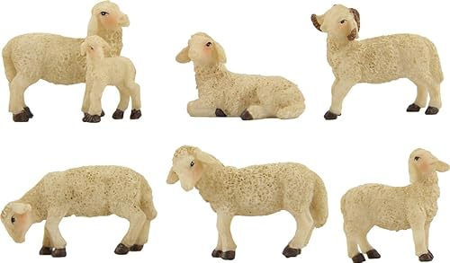 FADEDA 6 x får med vädur och lamm/höjd: 10 cm/handmålad/detaljerade krubbfigurer – julbord, dekoration, krubbtillbehör