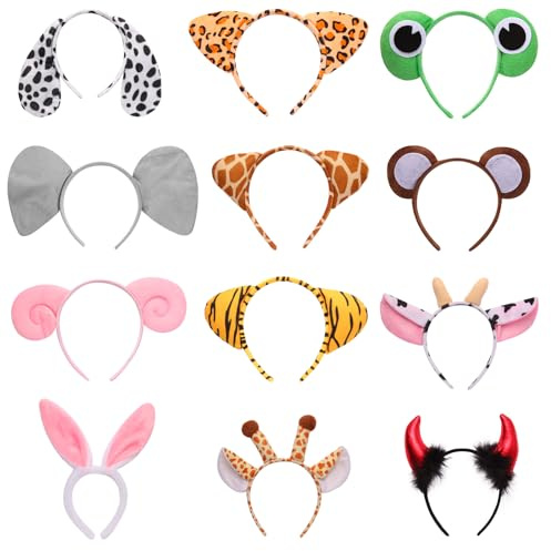 Wivico Tier Haarreif 12-Stücke Party Animals,Maus Ohren Grau,Hasen Ohren Haarreif Lustige Hüte Mausohren Katzen Ohren Mouse Ohren für Kinder Erwachsene Karneval Geburtstag Themenparty