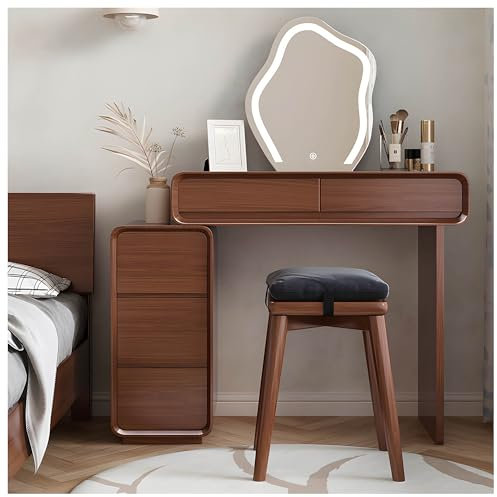 Set toeletta da trucco, tavolo da toilette in legno massiccio vintage con specchio a LED e sgabello, postazione trucco con cassetti e armadietto di stoccaggio (Color : Walnut color, Size : 100cm/39i