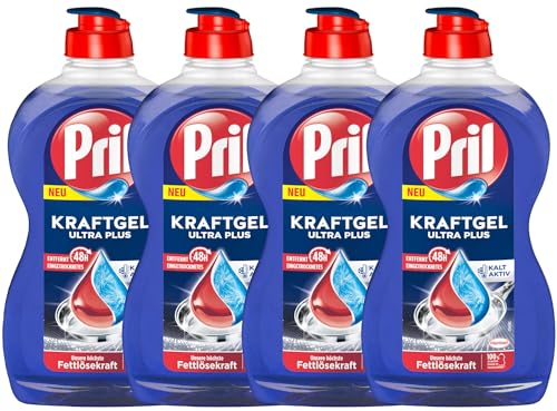 PRIL Kraft Gel Ultra Plus (4x 450 ml), Handgeschirrspülmittel mit höchster Fettlösekraft, für sauberes Geschirr auch in kaltem Wasser, entfernt selbst 48 h Eingetrocknetes