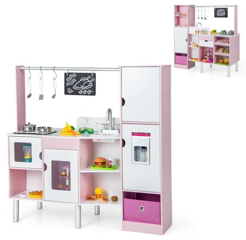 GOPLUS Doppelseitige Kinderküche und Kaufladen, Spielküche mit zahlreichen Spielbereichen & Spielzubehör & Eismacher & Tafel, Spielzeugküche mit Licht und Sound, für Kinder ab 3 Jahren, Weiß + Rosa
