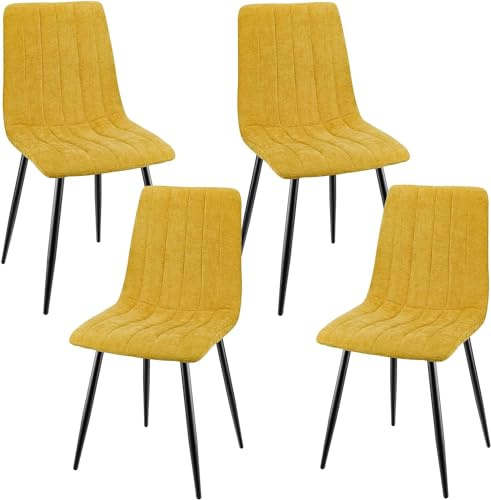 JIJIAN 4er Set Esszimmerstühle, Gepolsterte Stühle mit Leinenstoff und Schwarzen Metallbeinen, Streifendesign, Esszimmerstühle für Esszimmer Wohnzimmer Küche, Gelb