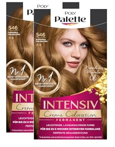 POLY PALETTE Intensiv Creme Coloration 7-5/546 Karamell Goldblond Stufe 3 (2 x 115 ml), permanente Coloration für bis zu 8 Wochen intensiven Farbglanz & 100% Grauabdeckung