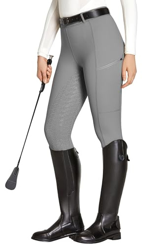 FitsT4 Sports Reitleggings Damen Reithose Mädchen Silikon vollbesatz mit Handytasche und Gürtelschlaufen für Reitsport Pferdetraining,Grau,XL