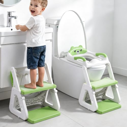 Toilettensitz Kinder mit Treppe, 2 in 1 Stabil mit Dreiecksstruktur, Bär | Verlängerter Pedal- und Spritzschutz, Weich PVC-Polster, Rutschfest, Faltbar und Leicht, Einfach zu Bedienen, Grün