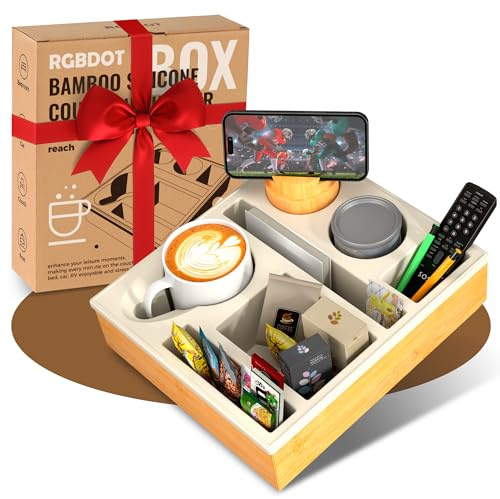 Couchbar Snackbox Silikon sofatablett mit 360 Grad Drehbar Handyhalter beistelltisch mit Holz Sofatablett für Sofa, kino Deko, Couch organizer Bar mit Getränkehalter - Snackbox mit Fächern(khaki)