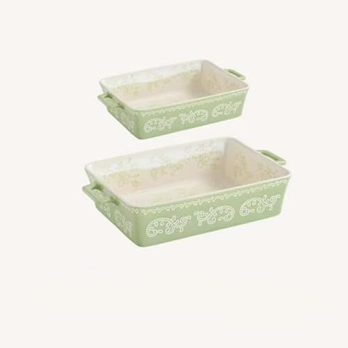 Domini Casserole Dishes for Oven, Ceramic Baking Dishes for Oven Set of 2, Lasagna Pan Deep, Baking Pan Set Square Casserole Dish Set with Handles for Baking, Pattern Green(11.4+8.5inch)