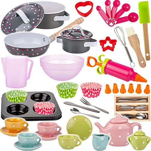 alles-meine.de GmbH 72 TLG. XL Set Kinder - Puppengeschirr + Kochset + Backset + Topfset - Antihaft Kochtopfset - aus Metall/echte Edelstahl Blech Töpfe/Panne + Küchenhelfe..