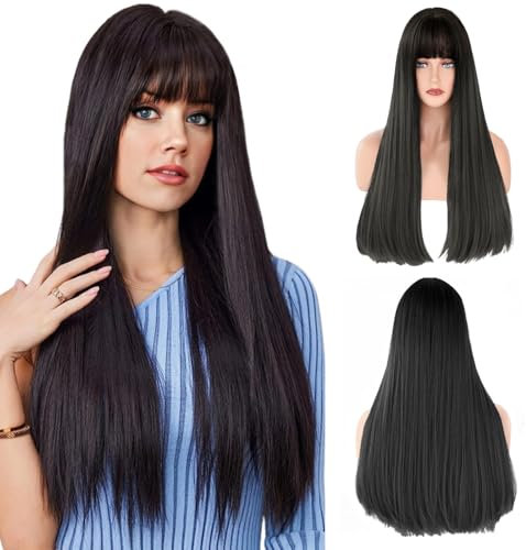 LUFFLOK Parrucca lunga e liscia da donna, capelli naturali fino alle spalle, frangia piatta, parrucca sintetica resistente al calore, per uso quotidiano e feste cosplay, 71,1 cm, Nero
