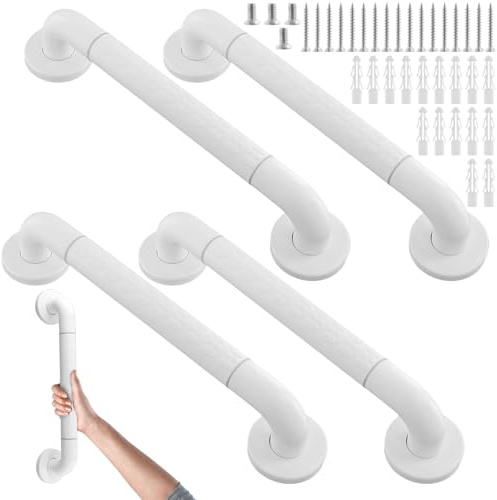 JEUIHAU Lot de 4 barres d'appui en acier inoxydable blanc de 40 cm, poignée de douche avec vis, barre d'appui à ventouse pour handicapés, blessés, post-opératoire