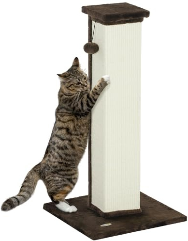 PawHut Cat Scratching Post for Indoor Kittens, 81cm Cat Scratcher, Brown | Vertical Full Scratcher with Natural Sisal Rope, Hanging Ball, Soft Plush