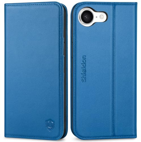 SHIELDON Real Leather Wallet Case for iPhone 17e/16e 6.1, Sapphire Blue