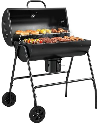 Outsunny Holzkohlegrill aus Metall BBQ Smoker mit Deckel Thermometer Räder verstellbarer Kohlewanne Griff, fahrbar Grillwagen Holzkohle Grill, Kohlegrill für Barbeque Camping, Terrasse, 95x71,5x102 cm