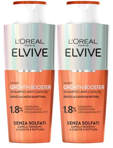 L'Oréal Paris Shampoo Anticaduta Elvive Growth Booster 2x 200ml | Capelli Fragili Formula con Aminexil-R Niacinamide ed Estratto di Radice di Zenzero Senza Solfati