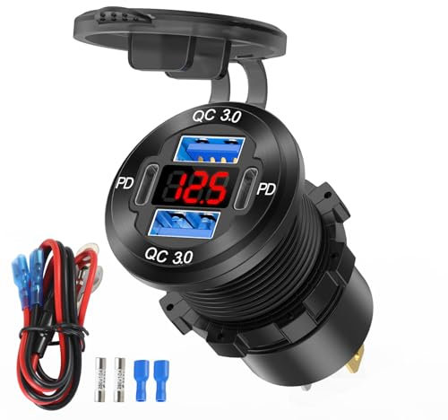 12V USB Outlet 4 Port Car Charger Socket, Dual PD USB C and Dual Quick Charge 3.0 Port Aluminum Charger with Red Voltmeter DIY Kit Waterproof for Car Boat Marine Motorcycle RV ATV Truck Golf Cart, etc