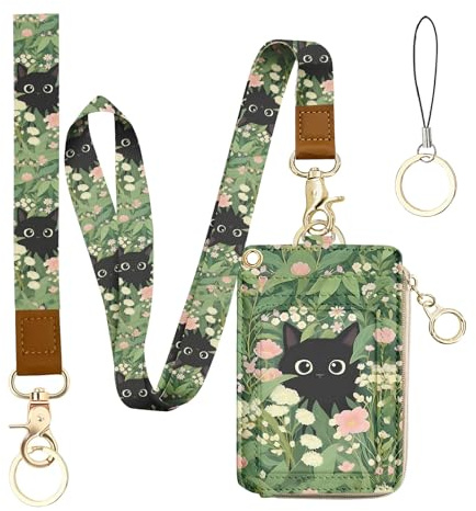Bolimoss Ausweistasche Katze Schwarz mit Kartenfach, Münzentasche mit Blumen und Reißverschluss, Kreditkartenetui, kleines Portemonnaie für Damen mit abnehmbarem Handgelenkband und Kordel, 5 Fächer