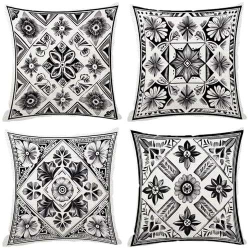 Fodere Cuscini da Esterno Impermeabili, Retro Federe Cuscini Divano 70x70 Quadrate Set di 4, Doppia Faccia Stampa Lino Cushion Covers Nero Cerniera Invisibile per Aesthetic Room Decor, Regalo Z-432